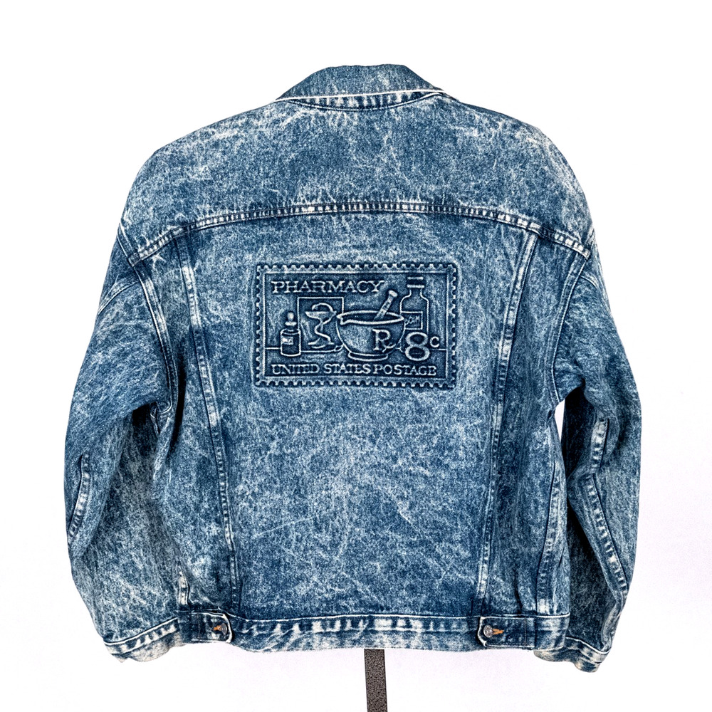 Vintage TYCA Embossed Denim Jacket LARGE Pharmacy USPS Postage Stamp Acid Wash